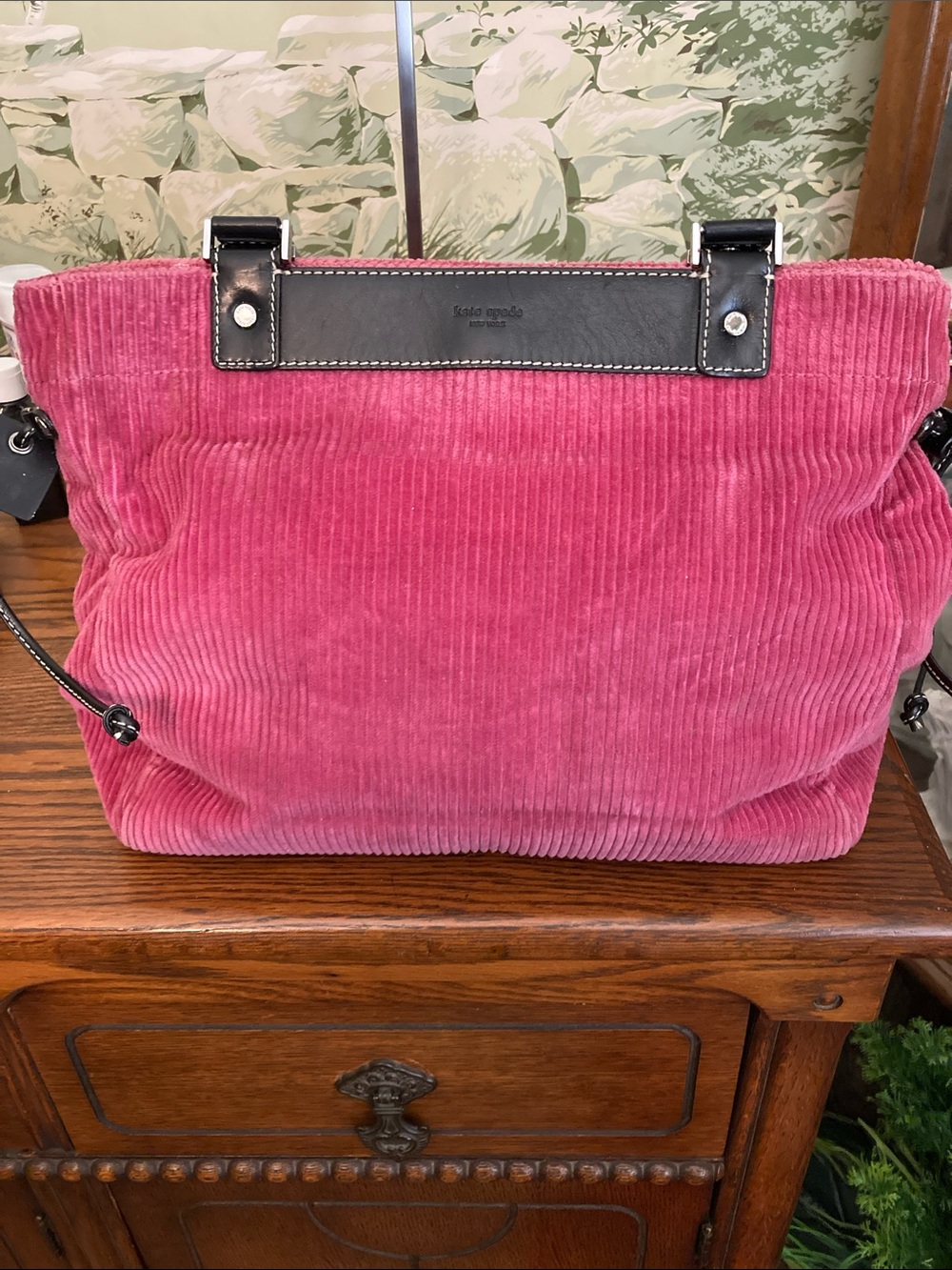 kate spade Vintage Raspberry Corduroy Shoulder Bag with Black Leather Trim